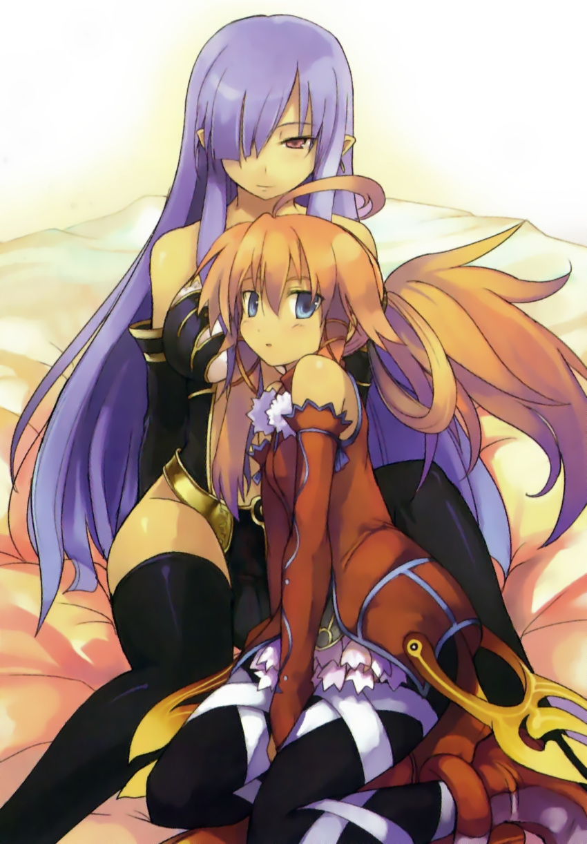 2girls, ahoge, althea, bare_shoulders, black_dress, black_legwear, blue_eyes, blue_hair