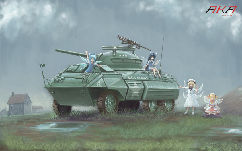 1girl, 4girls, absurdres, aka_(rosedream), black_hair, blonde_hair, blue_eyes, blue_hair, blush, bow, cirno, clouds, cloudy_sky, dress, dress_shirt, drill_hair, farm, grass, gun, hair_bow, hat, highres, house, ice, ice_wings, long_hair, luna_child, m8_grayhound, machine_gun, mountain, multiple_girls, open_mouth, red_eyes, ribbon, rock, shirt, short_hair, sitting, skirt, smile, star_sapphire, sunny_milk, touhou, twintails, water, weapon, wings
