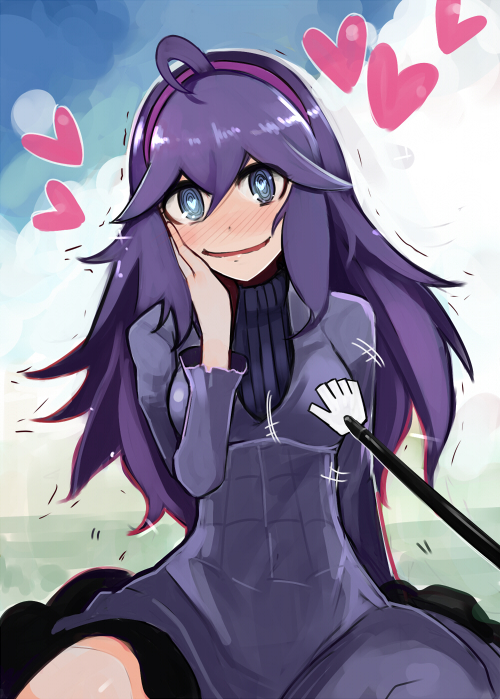 1girl, @_@, ahoge, blue_eyes, blush, breasts, dress, groping, hairband, hand_on_own_cheek, heart, heart-shaped_pupils, hex_maniac_(pokemon), long_hair, looking_at_viewer, nerotarou@seven, npc, pokemon, pokemon_(game), pokemon_xy, purple_hair, sitting, smile, solo, stylus, sweater, symbol-shaped_pupils