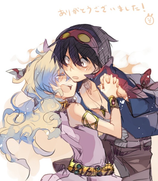 1boy, 1girl, armlet, bracelet, couple, goggles, goggles_on_head, hetero