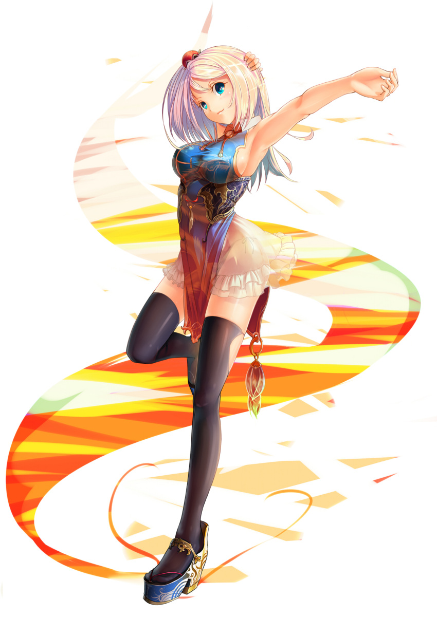 1girl, :3, arm_behind_head, black_legwear, blonde_hair, blue_eyes, china_dress, chinese_clothes