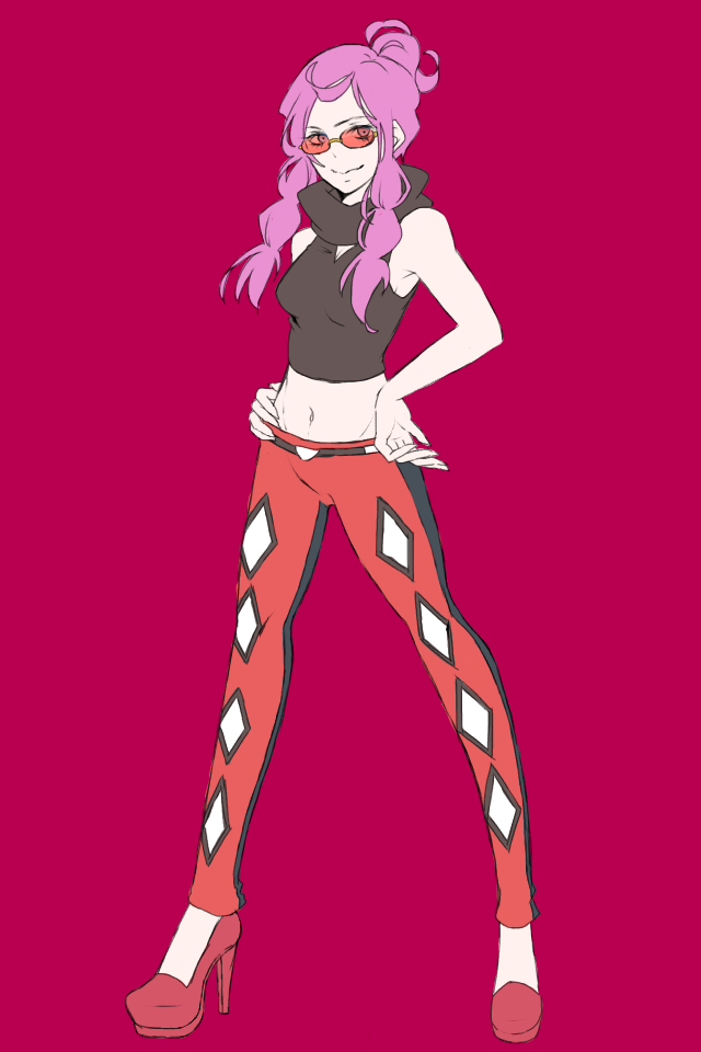 1girl, elite_four, halterneck, high_heels, midriff, pachira_(pokemon), pink_hair, pokemon