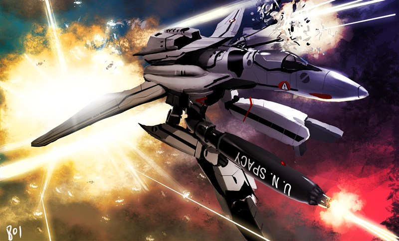 battle, damaged, explosion, firing, gerwalk, gunpod, kayas_(kofyh77), macross