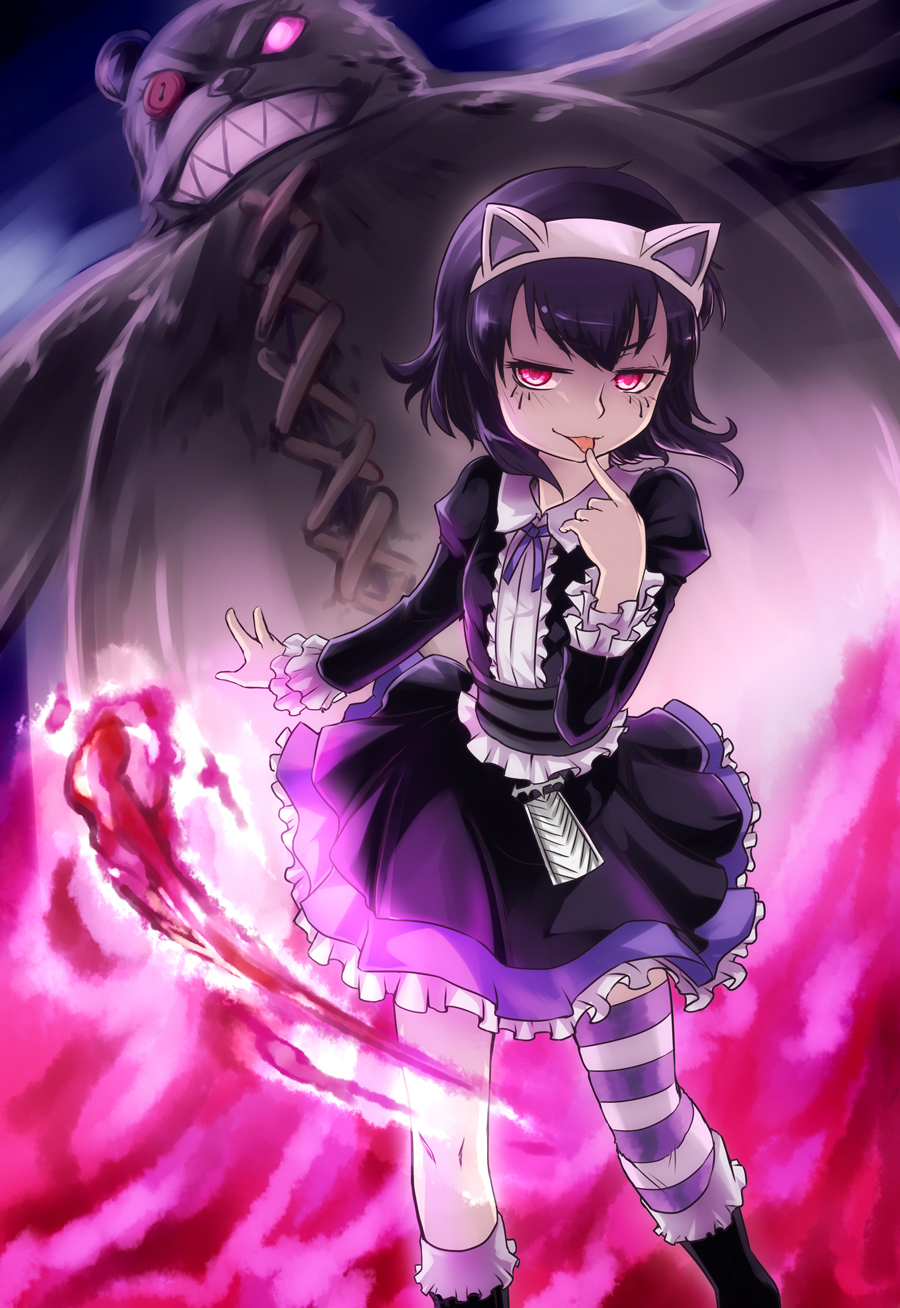 1girl, alternate_costume, animal_ears, annie_hastur, cat_ears, dress, facial_mark, fire