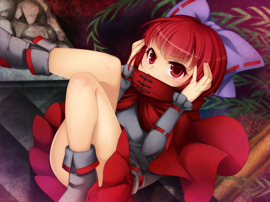 1girl, aldiana, boots, bow, cape, covering_mouth, hair_bow, hand_on_head