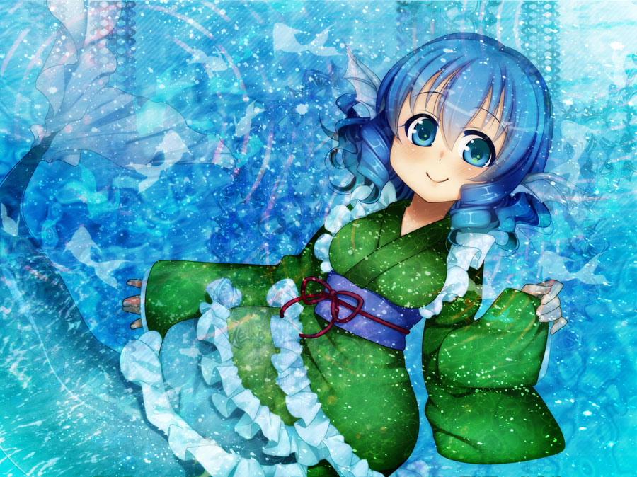 1girl, aldiana, animal_ears, blue_eyes, blue_hair, blush, head_fins, japanese_clothes, kimono, long_sleeves, mermaid, monster_girl, obi, short_hair, smile, solo, touhou, wakasagihime, wide_sleeves