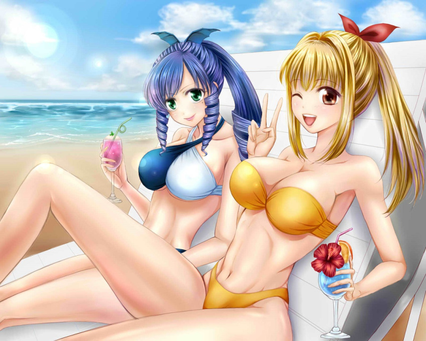 2girls, beach, bikini, blonde_hair, blue_hair, brown_eyes, chair, drill_hair