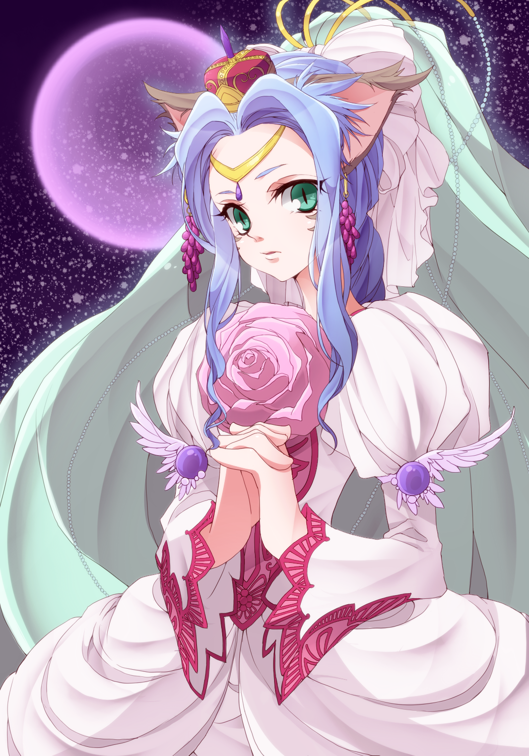 1girl, agarte_lindblum, animal_ears, blue_hair, cat_ears, circlet, crown, dress
