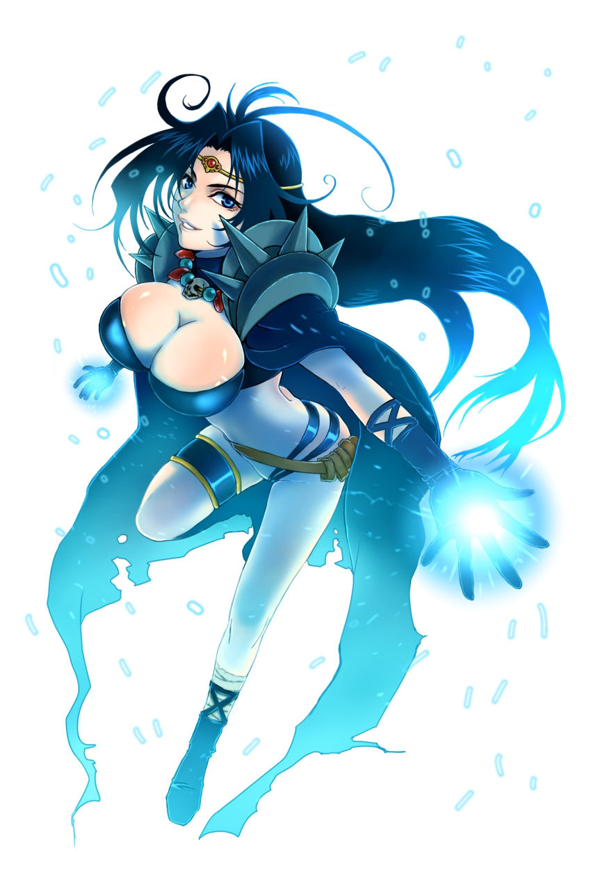 1girl, ahoge, armor, bikini_armor, black_hair, blackzizi, blue_eyes, boots, breasts, cape, circlet, gloves, highres, jewelry, large_breasts, long_hair, magic, naga_the_serpent, necklace, pauldrons, slayers, smile, solo, spikes, white_background