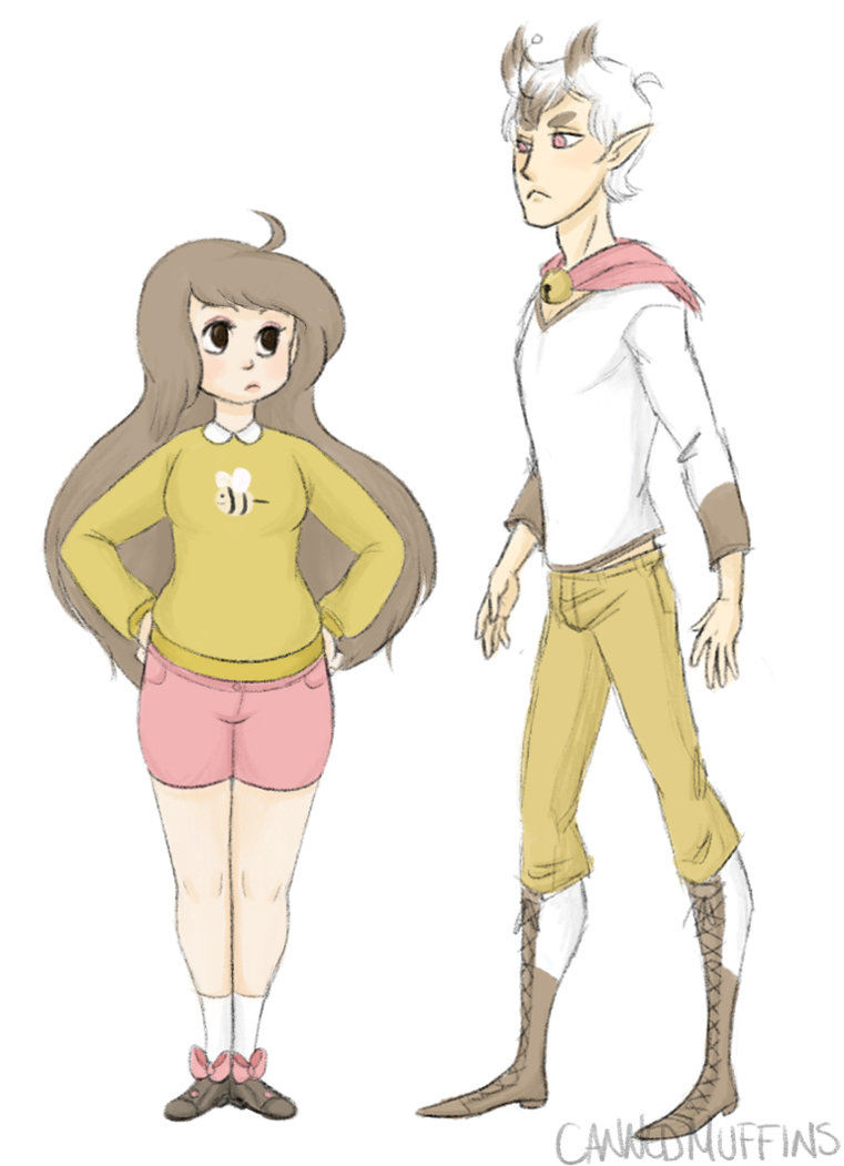 1boy, 1girl, bee, bee(bee_and_puppycat), bee_and_puppycat, bell, bell_collar, canned_muffins, cat, collar, personification, puppycat