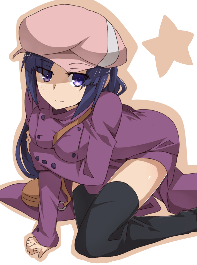 bag, beret, breast_hold, breasts, coat, freckles, gundam, gundam_build_fighters