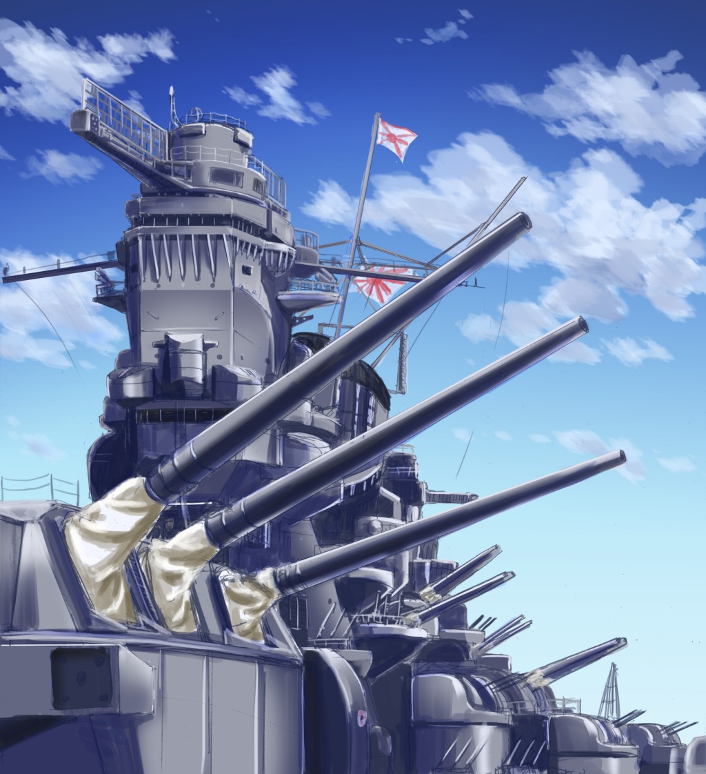 battleship, cannon, clouds, imperial_japanese_navy, japanese_flag, kotsuka, military, no_humans