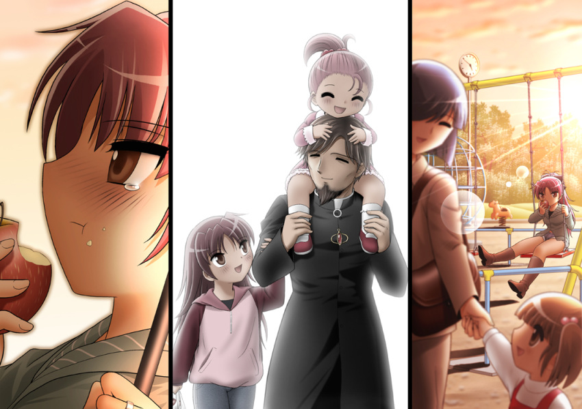 1boy, 4girls, apple, beard, blurry, blush, boots, brown_hair