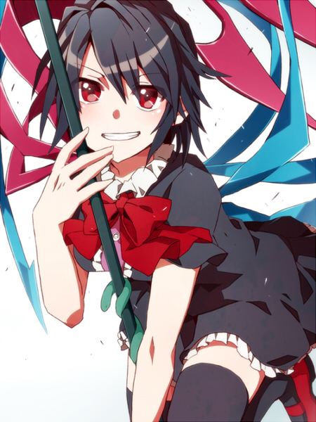 1girl, asymmetrical_wings, black_hair, black_legwear, breasts, dress, erigamine, houjuu_nue