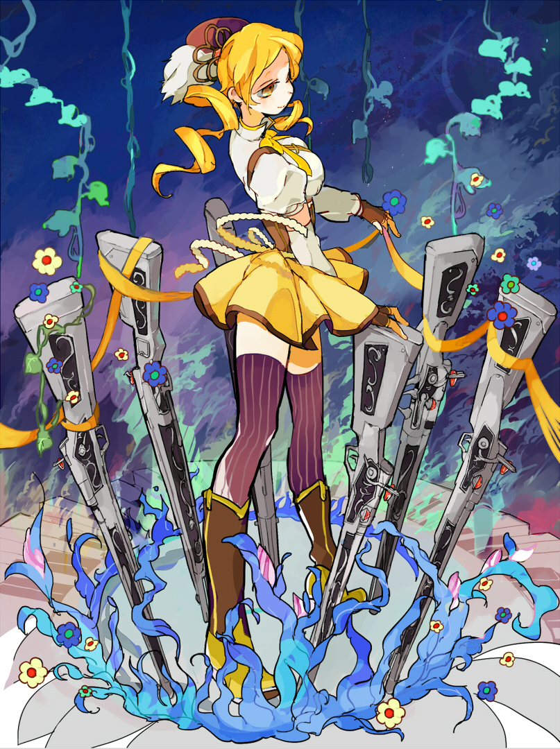 1girl, blonde_hair, boots, dress, drill_hair, flower, gloves, gun, hat, magical_girl, magical_musket, mahou_shoujo_madoka_magica, over-kneehighs, ribbon, rosebush, skirt, smile, solo, thigh-highs, tomoe_mami, twin_drills, twintails, weapon, yellow_eyes