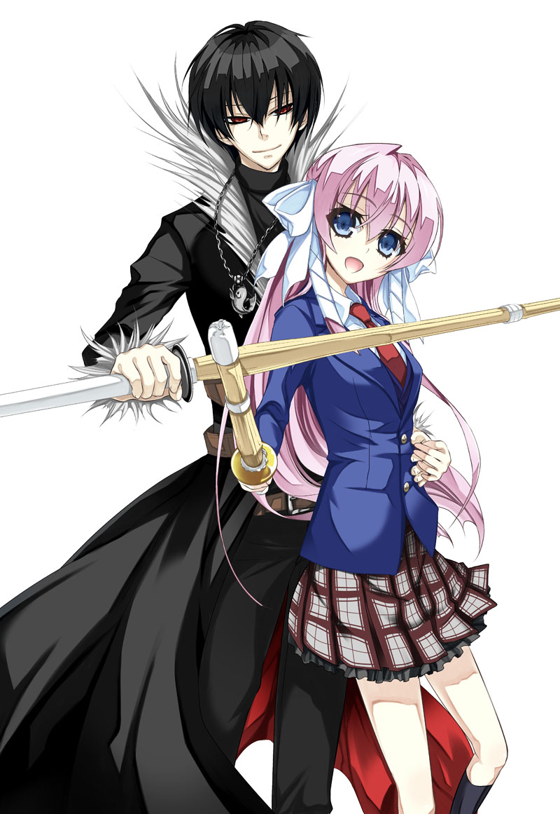 1boy, 1girl, :d, black_hair, blazer, blue_eyes, bow, coat, fur_trim, hair_bow, half-closed_eyes, holding_hands, hug, jewelry, kanzaki_karuna, long_hair, necklace, necktie, open_mouth, pendant, pink_hair, plaid, plaid_skirt, pleated_skirt, red_eyes, sakaki_ryuunosuke, school_uniform, shinai, shinakoi, short_hair, skirt, smile, sword, touyama_sakura, very_long_hair, weapon, white_background
