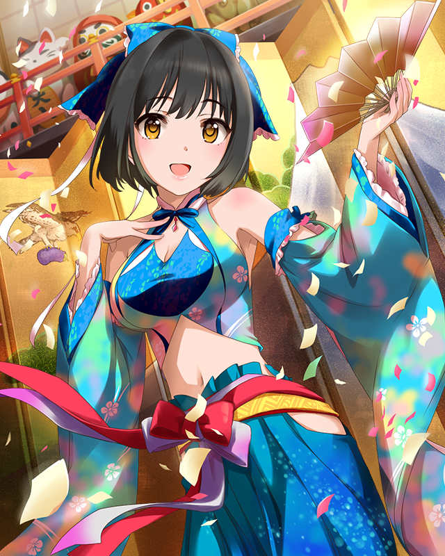 1girl, bare_shoulders, bird, black_hair, bob_cut, body_blush, bow, breasts