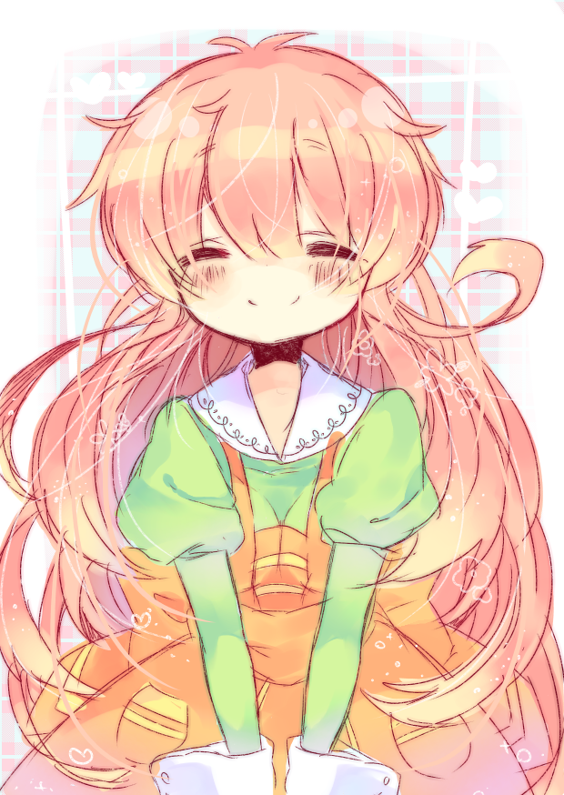 1girl, blush, closed_eyes, dress, jinrui_wa_suitai_shimashita, long_hair, long_sleeves, orange_dress