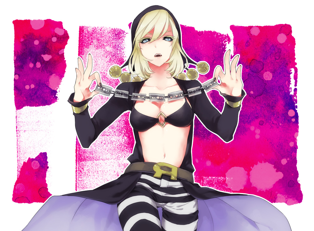 1girl, bikini_top, black_sclera, blonde_hair, blue_eyes, fuhmin, genderswap, hat