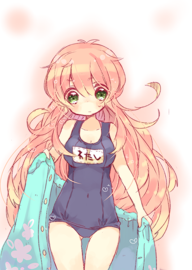 1girl, green_eyes, jinrui_wa_suitai_shimashita, long_hair, looking_at_viewer, pink_hair, ppppa, school_swimsuit, solo, swimsuit, towel, watashi_(jintai)