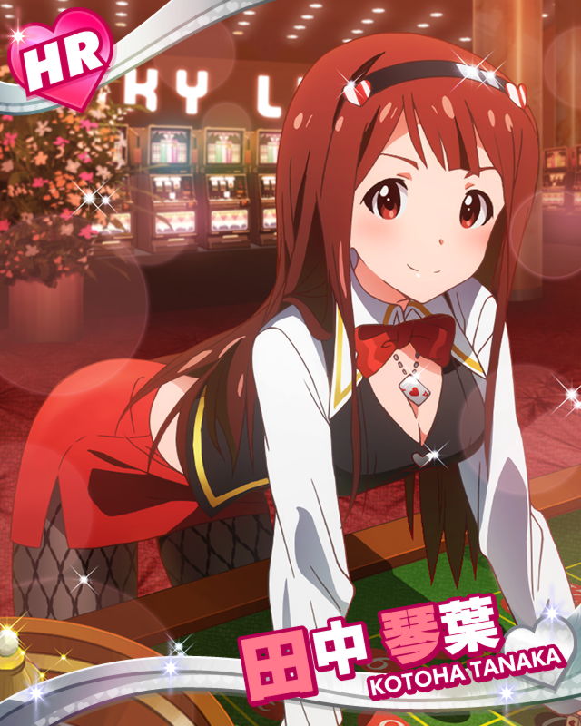 1girl, blush, breasts, brown_eyes, brown_hair, casino, character_name, cleavage