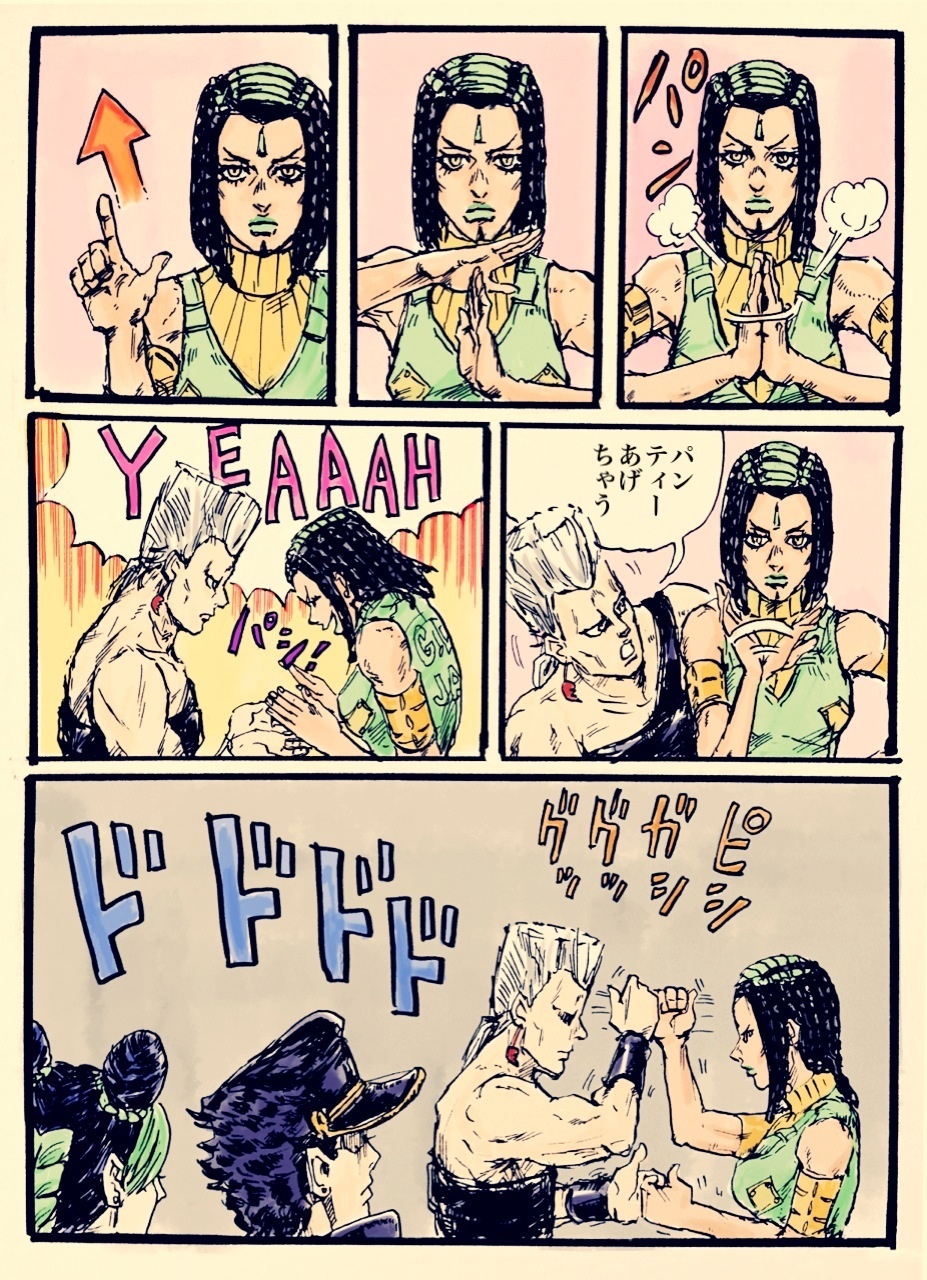 comic, hermes_costello, highres, jean_pierre_polnareff, jojo_no_kimyou_na_bouken, kuujou_jolyne, kuujou_joutarou, parody, thewateriswide