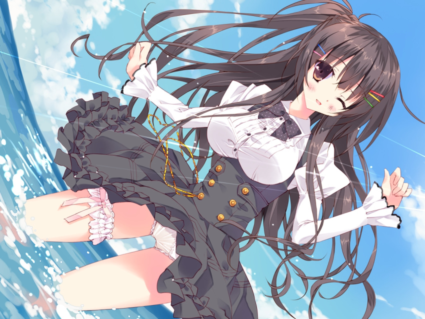 1girl, black_hair, blush, bowtie, breasts, brown_eyes, chiisana_kanojo_no_serenade, clouds