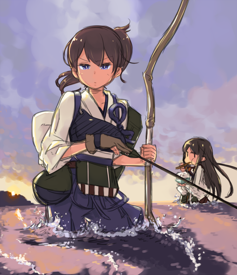 2girls, akagi_(kantai_collection), arrow_(weapon), blue_eyes, bow_(weapon), bowl, brown_eyes, brown_hair