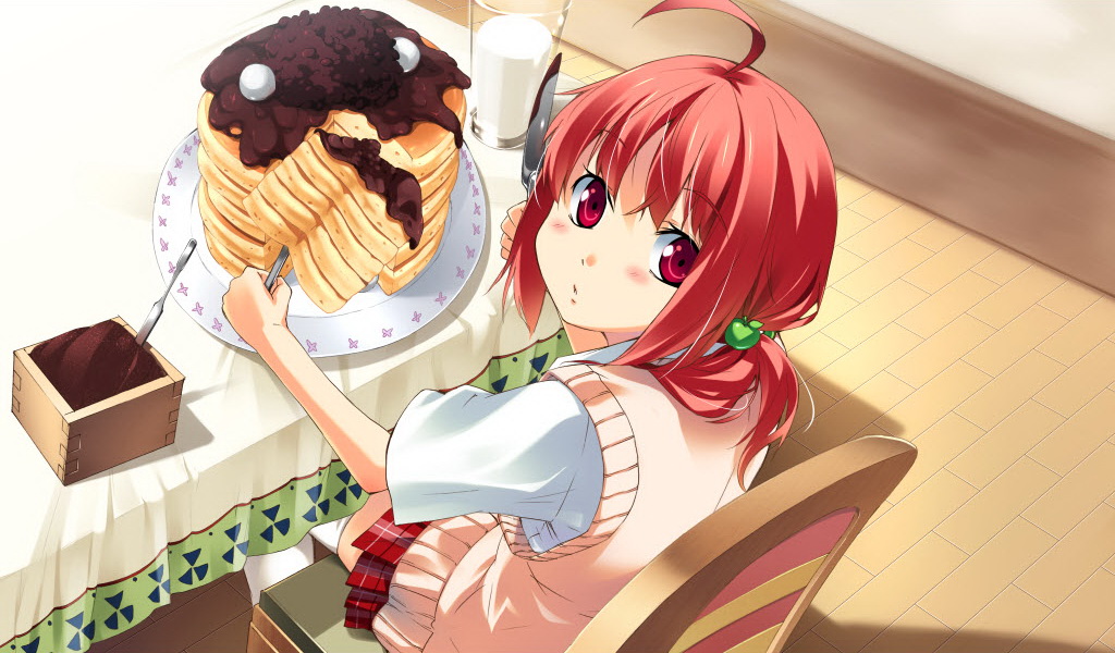 food, fork, g_yuusuke, game_cg, gyuusuke, knife, looking_back, milk