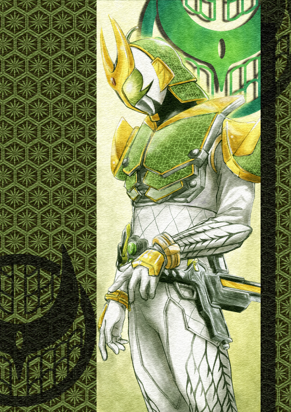 1boy, armor, belt, food, fruit, gun, insignia, kamen_rider