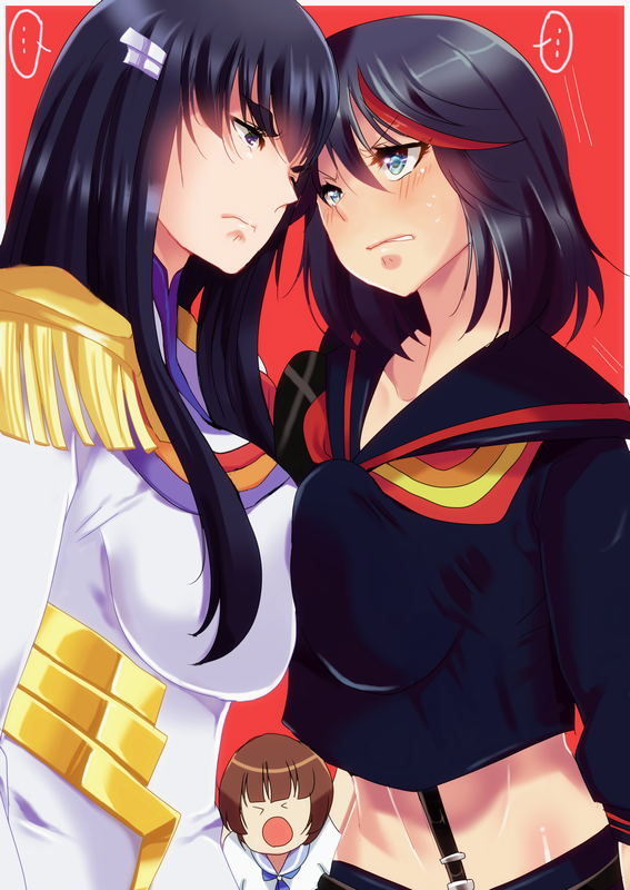 >_<, 3girls, black_hair, blue_eyes, bob_cut, breast_press, breasts, brown_hair, eye_contact, eyebrows, frown, junketsu, kill_la_kill, kiryuuin_satsuki, long_hair, looking_at_another, mankanshoku_mako, masahiro_eto, matoi_ryuuko, midriff, multicolored_hair, multiple_girls, pleated_skirt, redhead, school_uniform, senketsu, serafuku, short_hair, skirt, suspenders, tagme, two-tone_hair