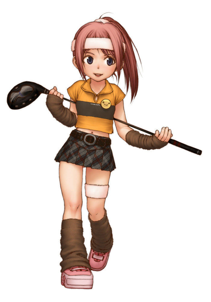brown_hair, golf_club, headband, loose_socks, midriff, miniskirt, ponytail, rustle