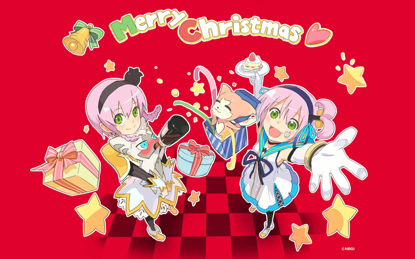 cake, cat, checkered, christmas, creature, food, gift, highres, kanonno_earhart, mormo, multiple_girls, panille, pasca_kanonno, pastry, pink_hair, red_background, tales_of_(series), tales_of_the_world_radiant_mythology, tales_of_the_world_radiant_mythology_2, wallpaper