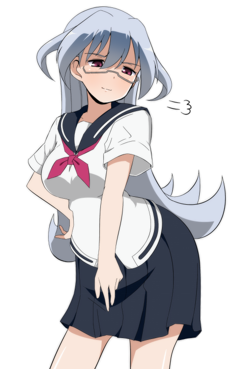 1girl, atago_masae, blue_hair, blush, cosplay, glasses, hand_on_hip, long_hair, miniskirt, neckerchief, nonohachi, pleated_skirt, pose, pout, red_eyes, saki, saki_achiga-hen, school_uniform, serafuku, skirt, solo, standing, white_background