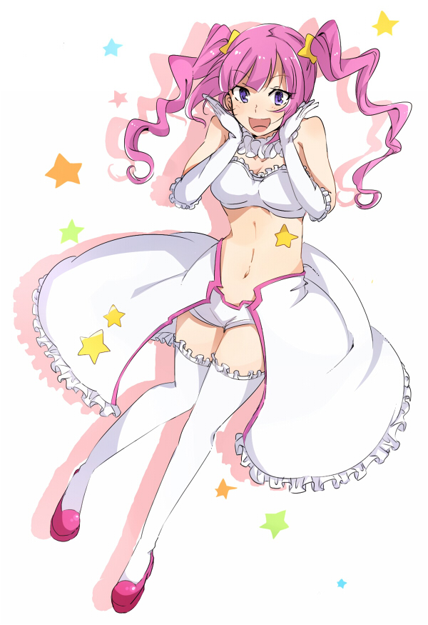1girl, :d, bare_shoulders, blue_eyes, blush, choker, elbow_gloves, frilled_skirt