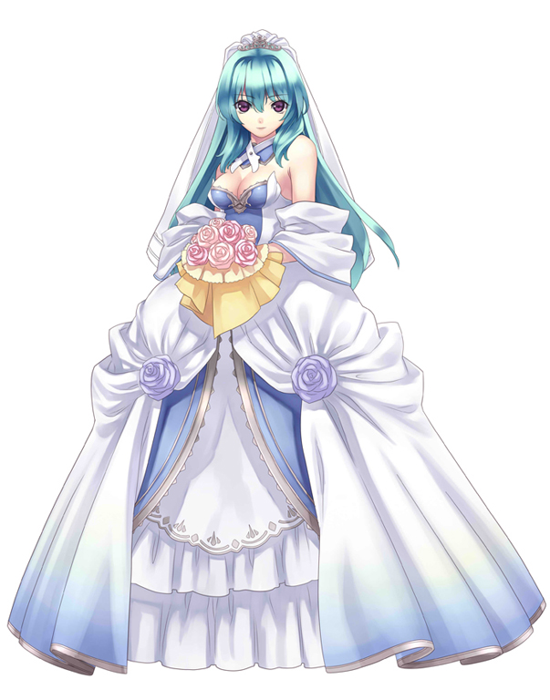 1girl, agarest_senki_(series), agarest_senki_2, aqua_hair, bouquet, breasts, bride, cleavage