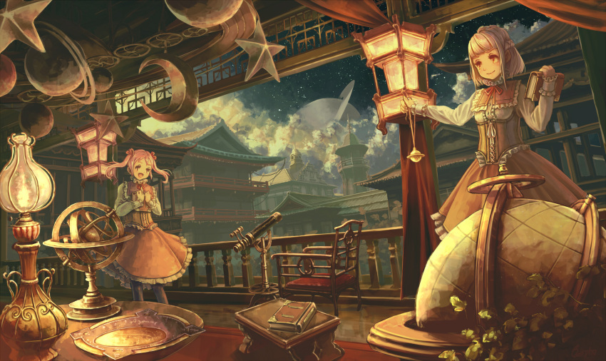 2girls, bespin, book, braid, chair, city, clouds, corset, east_asian_architecture, frilled_skirt, frills, globe, gyroscope, hair, highres, holding, holding_book, lamp, lantern, long_hair, multiple_girls, night, night_sky, original, pink_eyes, pink_hair, planet, ribbon, short_hair, skirt, sky, smile, star_(sky), starry_sky, table, telescope, twintails