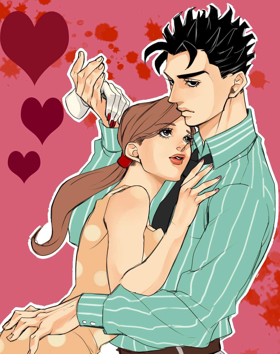 1boy, 1girl, black_hair, brown_hair, couple, hetero, highres, jojo_no_kimyou_na_bouken