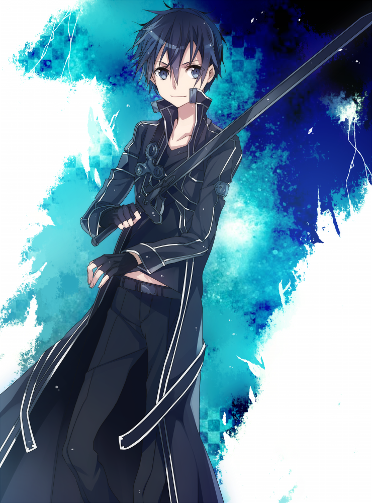 1boy, black_eyes, black_hair, fingerless_gloves, gloves, jianmo_sl, kirito, male