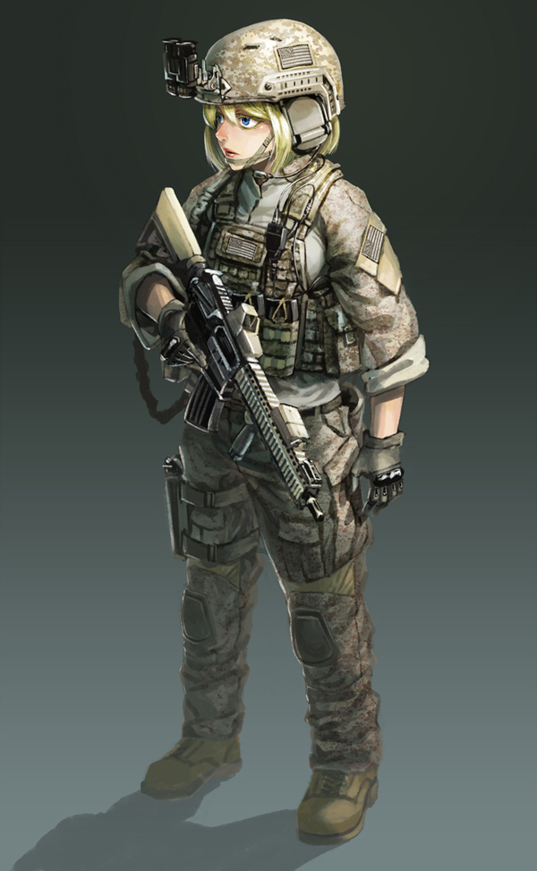 1girl, american_flag, assault_rifle, blonde_hair, blue_eyes, boots, camouflage, eotech
