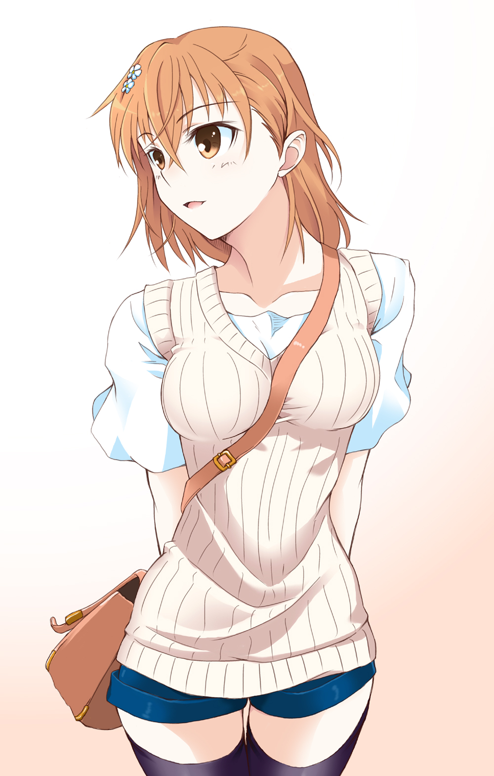1girl, bag, brown_eyes, brown_hair, casual, handbag, highres, kurogane_(artist)