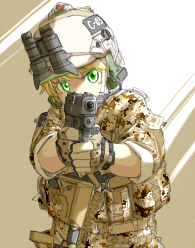 1girl, assault_rifle, blonde_hair, camouflage, gloves, goggles, green_eyes, gun, helmet, load_bearing_vest, m4_carbine, military, military_uniform, nightvision, original, pistol, rifle, rifling, shino_(r_shughart), solo, weapon