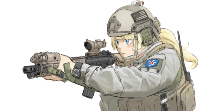 1girl, acog, american_flag, assault_rifle, blonde_hair, blue_eyes, gloves, gun, helmet, load_bearing_vest, m4_carbine, magazine_(weapon), military, original, rifle, shino_(r_shughart), solo, walkie-talkie, watch, weapon, white_background