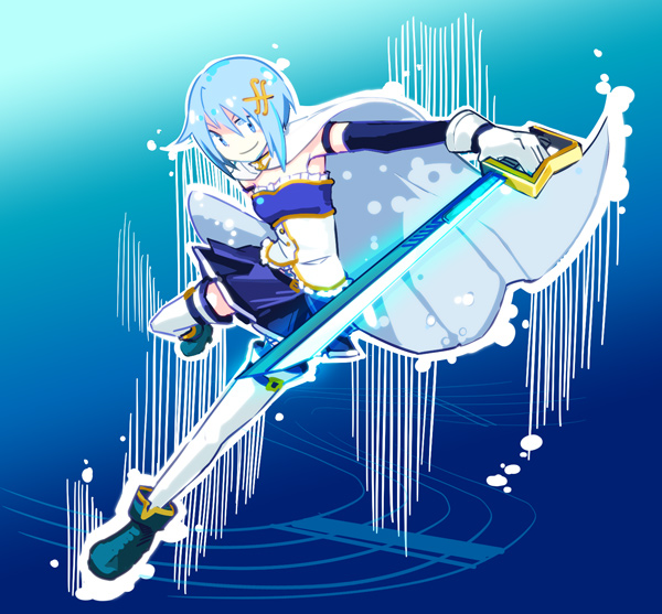 1girl, armband, blue_eyes, blue_hair, cape, gloves, hair_ornament, hairclip