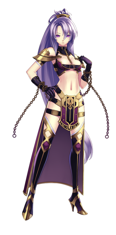1girl, agarest_senki_(series), agarest_senki_2, boots, breasts, buckle, chain, cleavage, eva_(agarest_senki), gloves, hand_on_hip, hirano_katsuyuki, long_hair, midriff, navel, official_art, ponytail, purple_hair, solo, tabard, thigh_boots, thighhighs, violet_eyes, white_background
