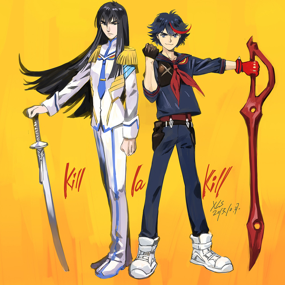 2boys, black_hair, epaulettes, genderswap, junketsu, kill_la_kill, kiryuuin_satsuki, long_hair, male, matoi_ryuuko, mtfy, multiple_boys, necktie, sailor_collar, senketsu, shoes, short_hair, sneakers, suspenders, sword, weapon