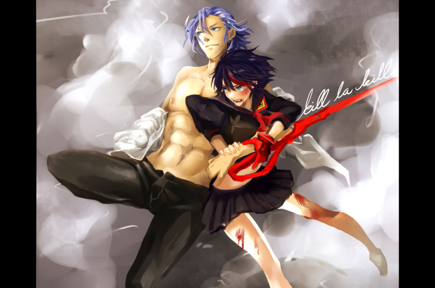 1boy, 1girl, areno, arm_around_waist, black_hair, blue_hair, injury, kill_la_kill