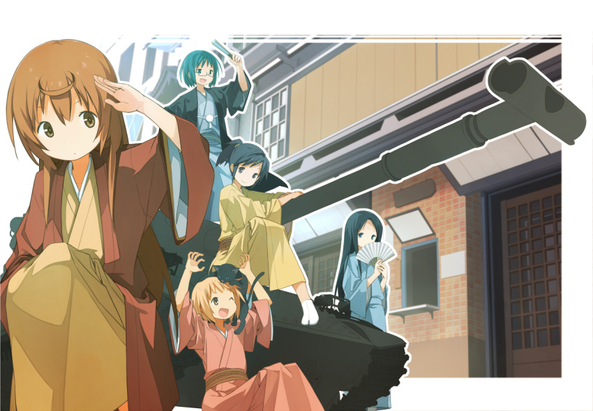 4girls, ahoge, anrakutei_kukuru, black_hair, blonde_hair, bouhatei_tetora, brown_eyes, buratei_marii