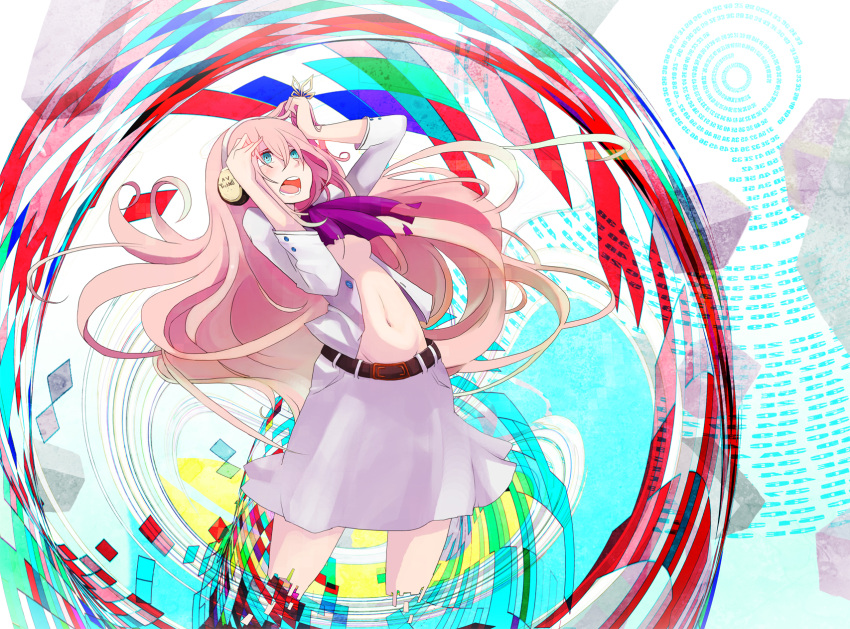 aqua_eyes, avtechno!, dye_(vocaloid), headphones, highres, long_hair, megurine_luka, midriff