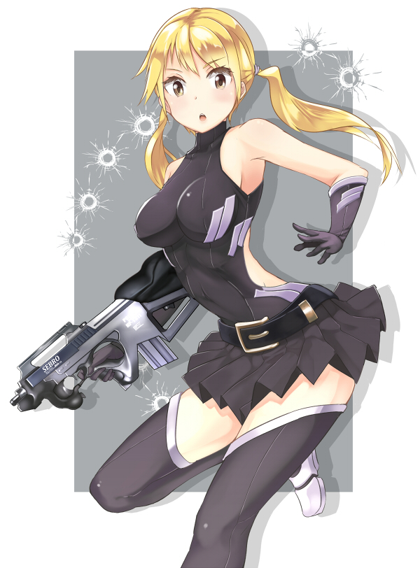 1girl, armpits, assault_rifle, bare_shoulders, black_gloves, blonde_hair, blush, boots